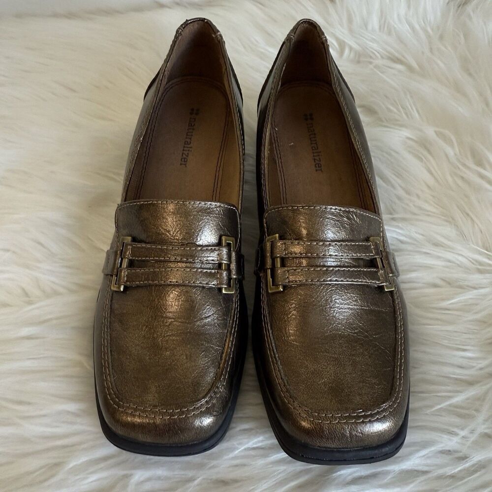 Naturalizer Size 6 Benatar Bronze Metallic Block Heel Loafers Fall Old Money